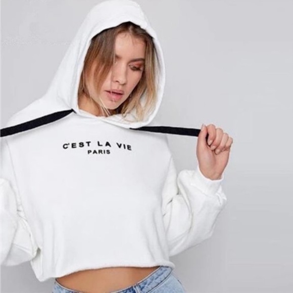 Tops | Cest La Vie Paris Hoodie Sweatshirt Cropped White Black | Poshmark